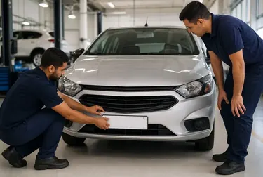 Profissional ajudando no emplacamento de carro em um despachante.