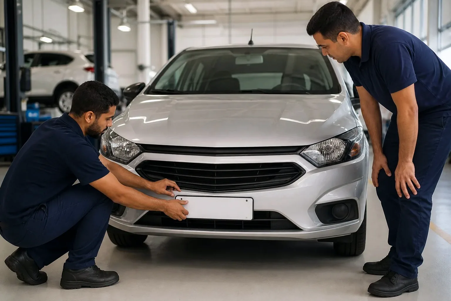 Profissional ajudando no emplacamento de carro em um despachante.