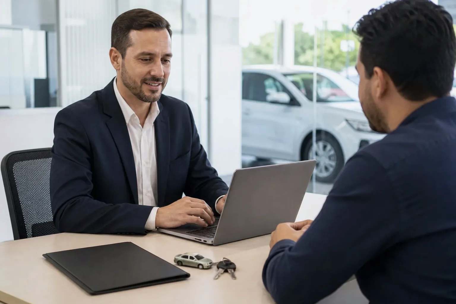 Profissional gerenciando o licenciamento de carro em um escritório de despachante.