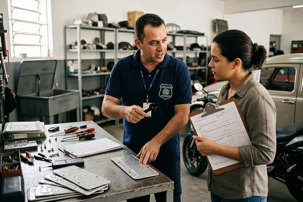 Profissional orientando cliente sobre emplacamento de veículo.