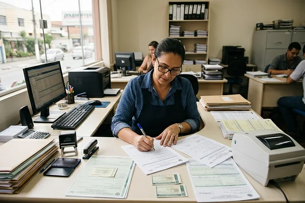 Profissional revisando documentos para transferência de veículo.